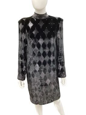 Vintage Dress Women’s SZ S/M Long Sleeve Beaded Neckline And Cuffs Shimmer Black